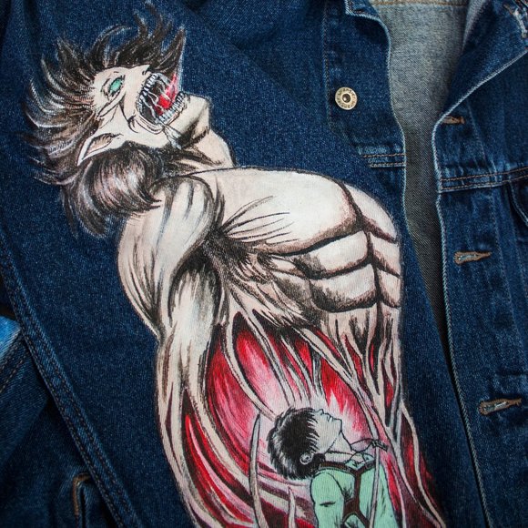 Vintage Denim Jacket Attack on Titan Man's XL Size Hand Painted Art - Picture 3 of 6